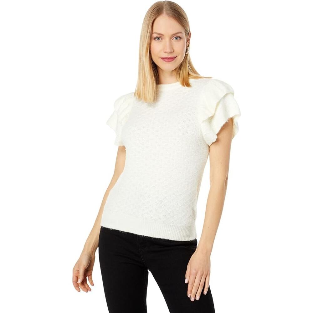 NEW Lilla P Women's White Soft Knit Short Sleeve Ruffle Sweater Talc Size Medium